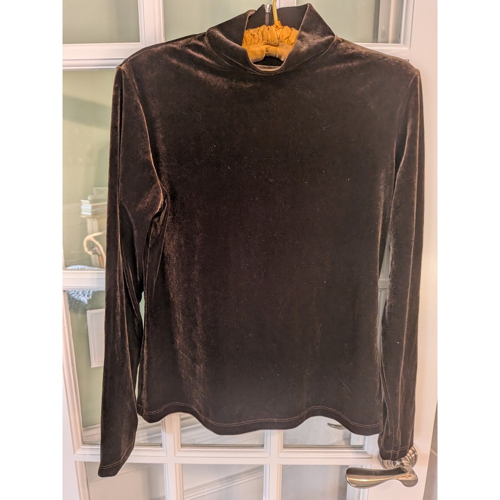 Collection Fifty Nine Brown Velvet Mock Neck Long Sleeve Top Large Back Zip USA